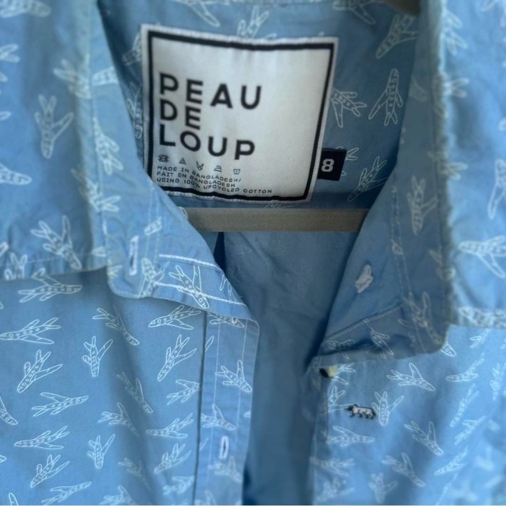 Peau de Loup blue and white short sleebed button down, airplane print- unisex